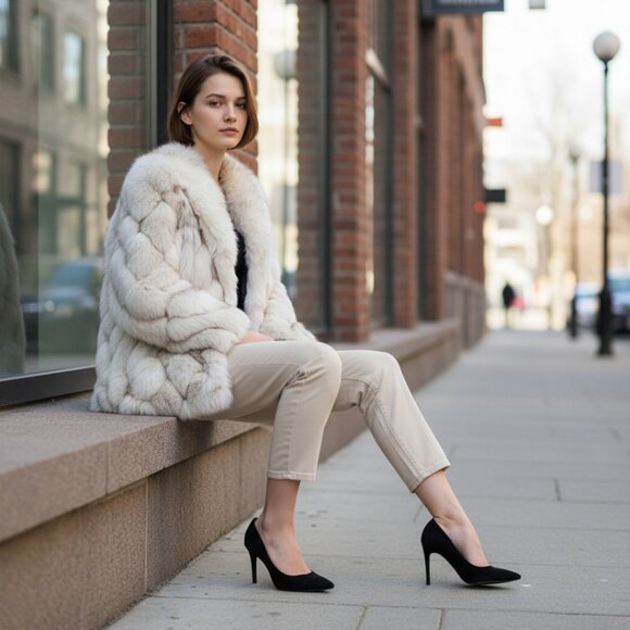 Natural Blue Stripped Fox Jacket with Leather Accent Panels, Size SM/Med - Picture 2 of 10